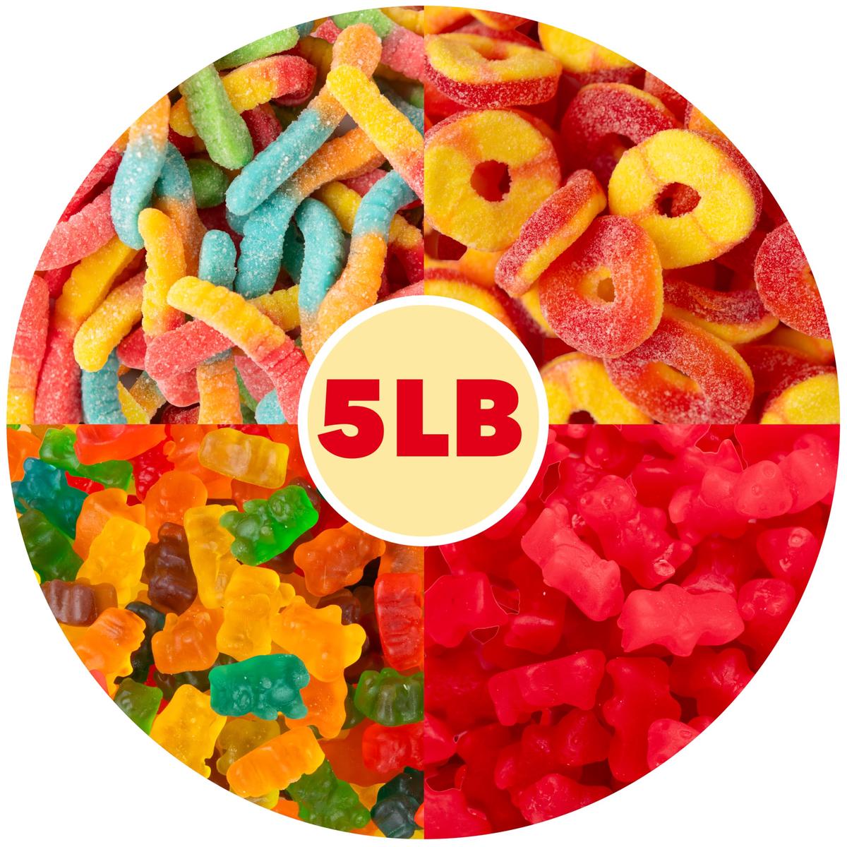 5 lb Bulk Gummy Candy Box - Includes Gummi Bears, Cinnamon Bears, Sour Gummy Worms, and Gummi Peach Rings - Fun Variety Mix for