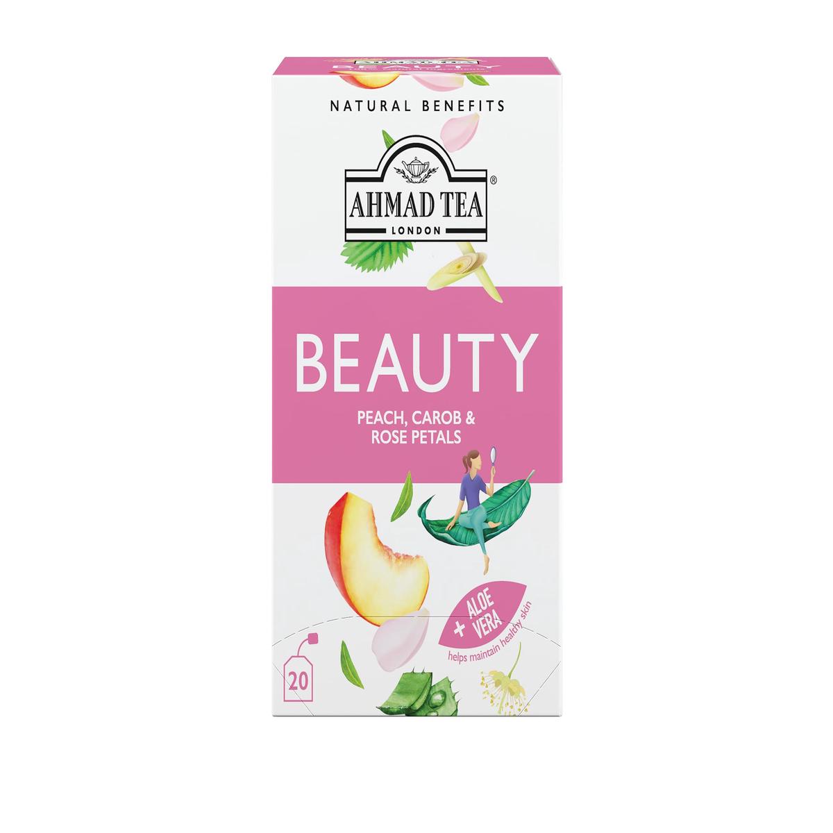 Ahmad Tea Herbal Tea, Decaffeinated Peach & Carob, 20 ct (Pack of 6), Sugar-Free, Beauty Model 2039