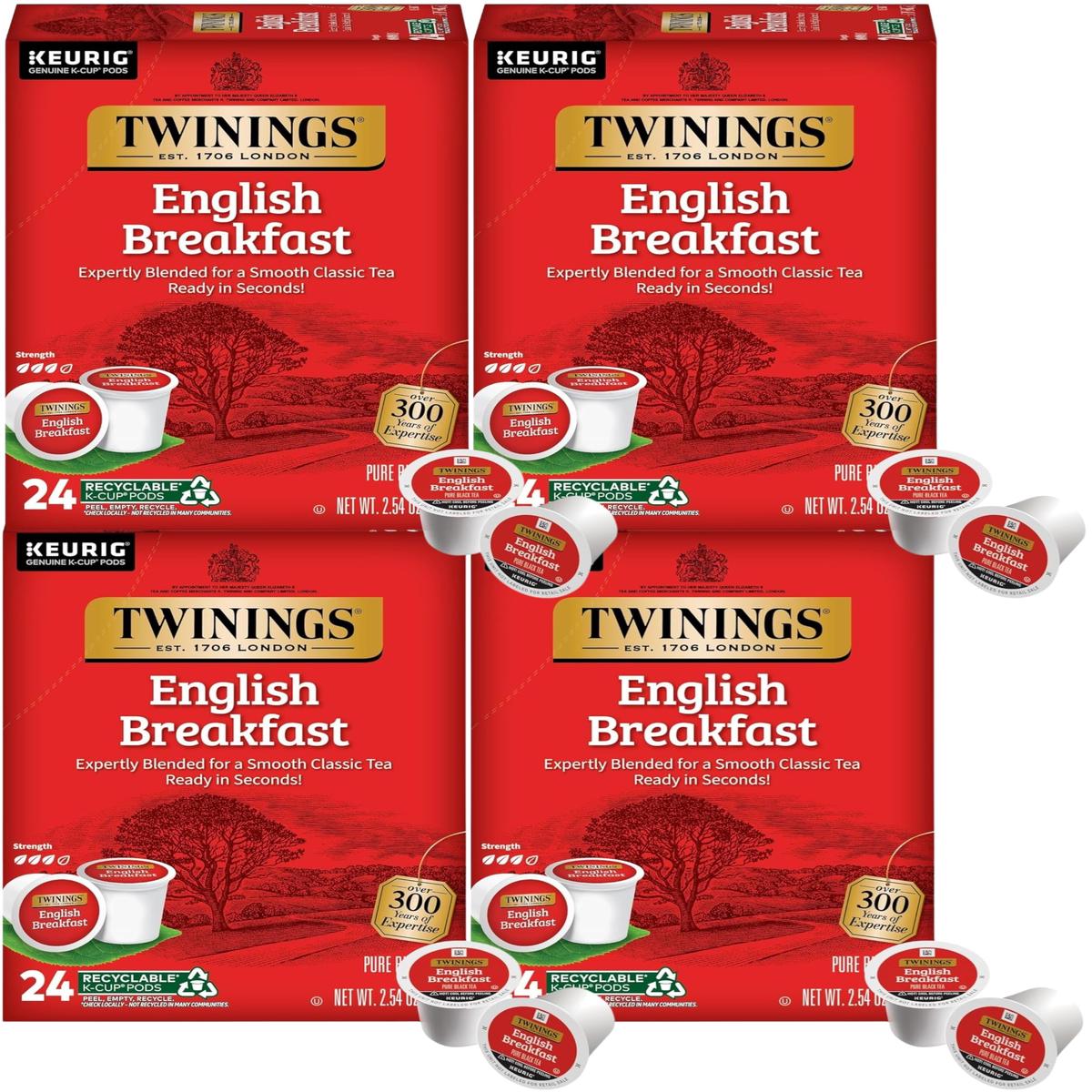 Twinings English Breakfast Tea K-Cup Pods For Keurig, Caffeinated, Smooth, Flavourful, Robust Black Tea, 24 Count (Pack Of 4)