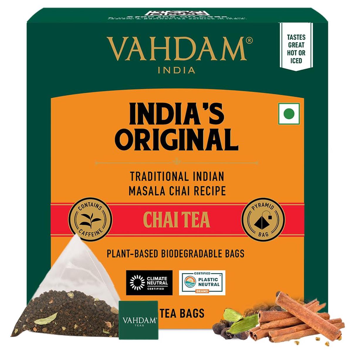 Vahdam, Indias Original Masala Chai Tea Bags (15 Count) Non Gmo, Gluten Free, No Added Flavoring | Blended W/Savory Exotic Spices | Individually Wrapped Pyramid Tea Bags | Direct From Source