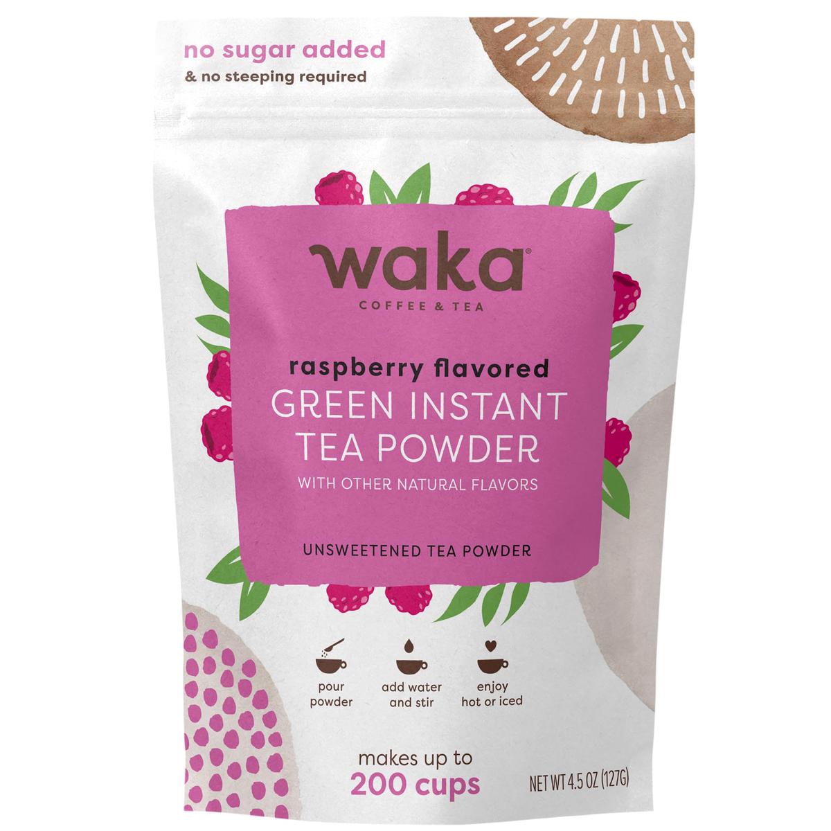Waka Instant Green Tea Mix, Raspberry Flavored, 100% Tea Leaves, Unsweetened, 4.5oz Pouch, Makes Up to 200 Cups