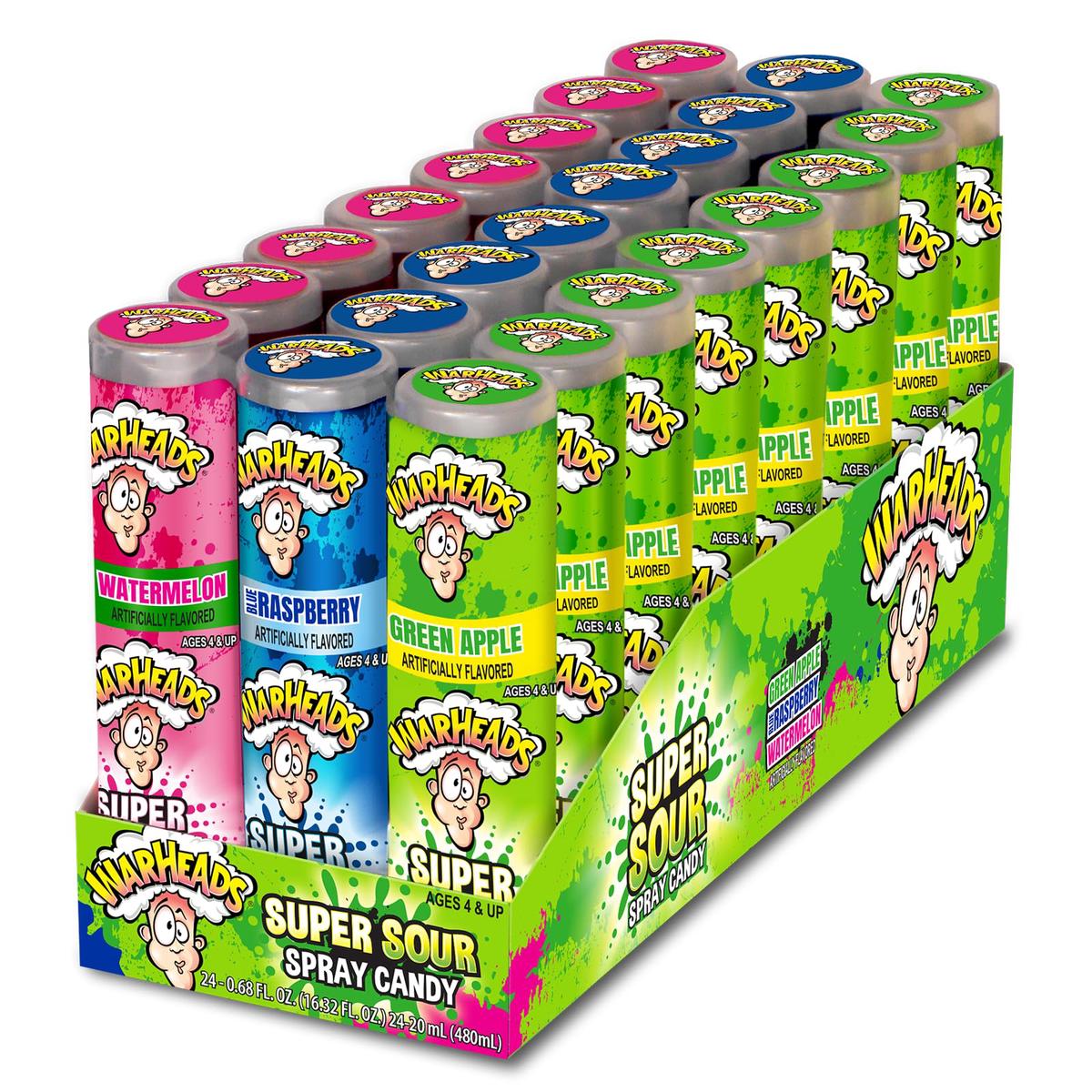 Warheads - Super Sour Candy Spray - Blue Raspberry, Green Apple And Watermelon Flavors - 0.68 Oz. Bottles - 24 Pack