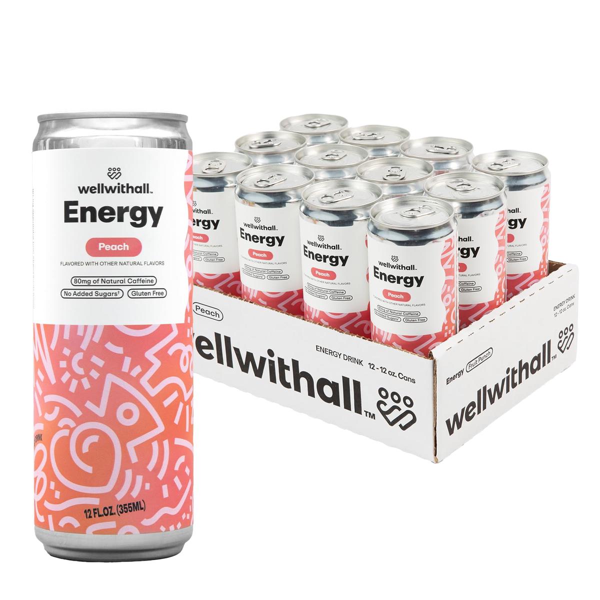 Wellwithall Peach Energy Drink  Caffeine From Tea  With Vitamin C  Lightly Sparkling Beverage  Fruit & Veggie Juice Blend  12 Oz (Pack Of 12)