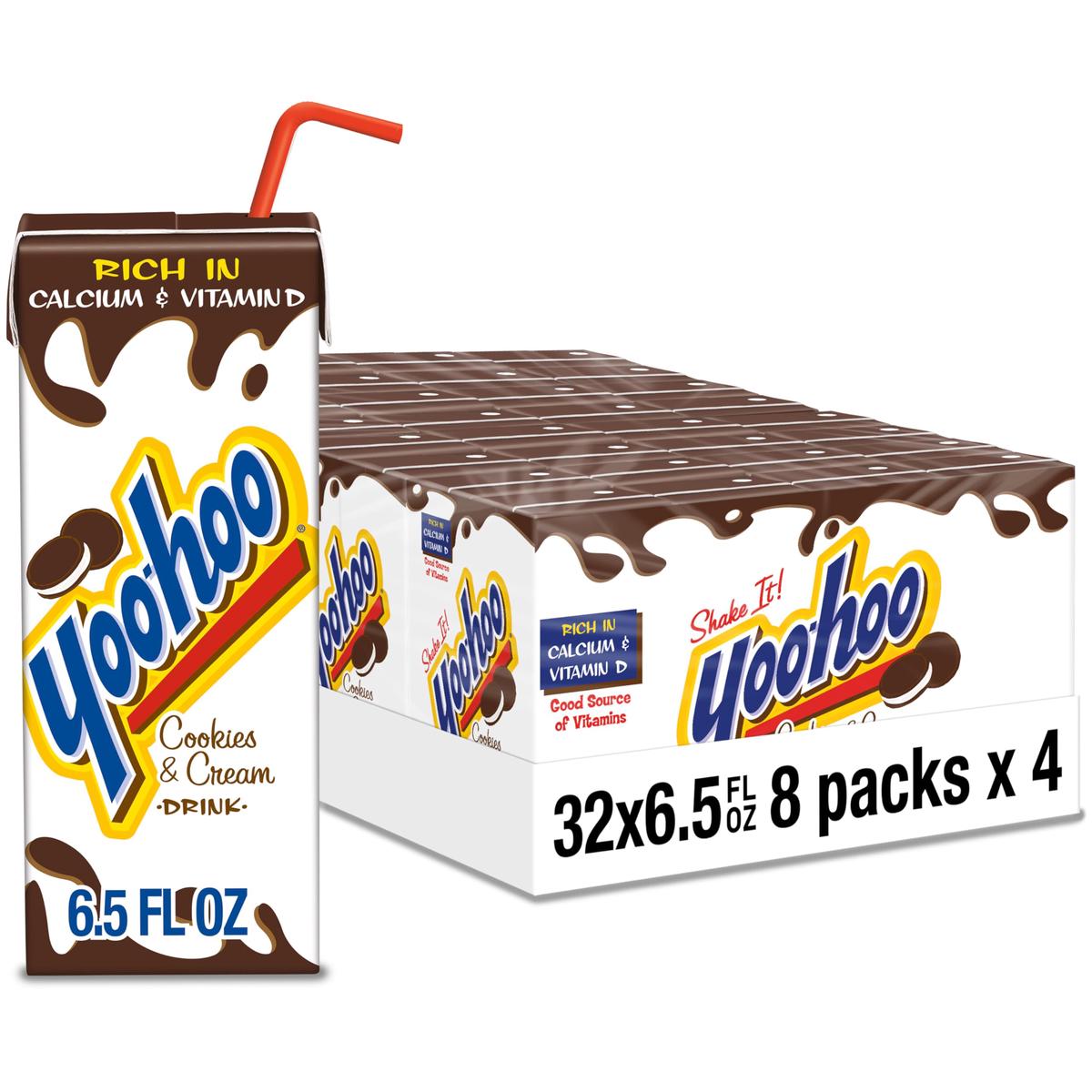 Yoo-hoo Cookies and Cream Flavored Drink  6.5 fl oz Boxes  32 Count (4 Packs of 8)  Ready to Drink  Caffeine-Free  99% Fat-Free  High in Calcium & Vitamin D