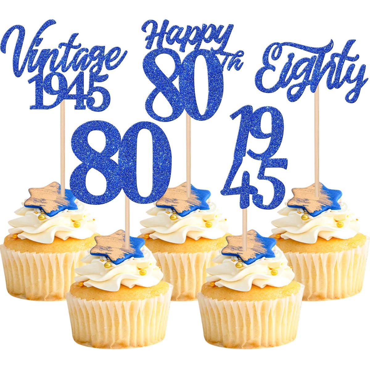 Zhuoweism 30Pcs Happy 80Th Birthday Cupcake Toppers Cheers To 80 Vintage 1945 Eighty Cupcake Picks Blue