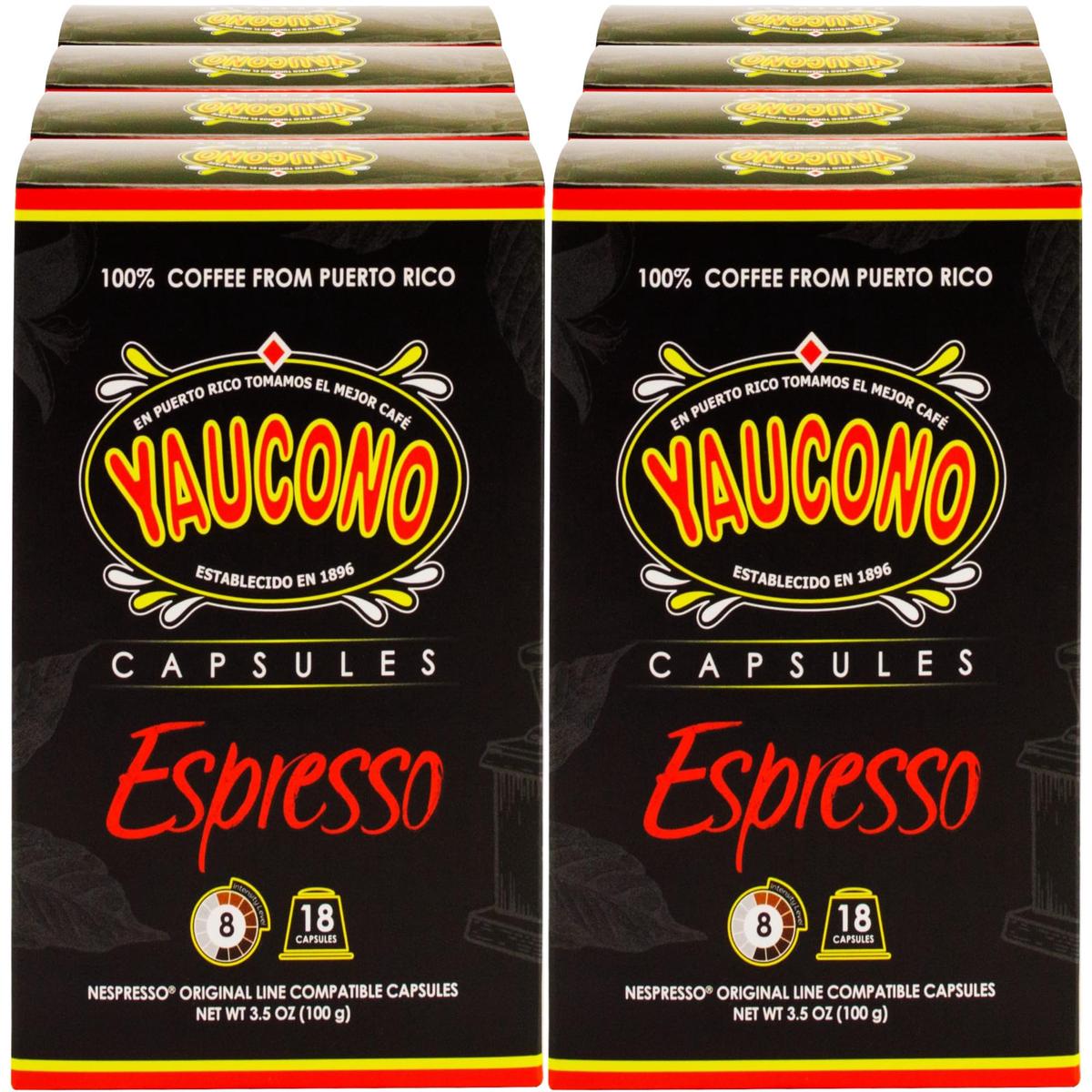 Yaucono Espresso compact pieces, Espresso Roast, Compatible with Nespresso, 144 Count (8 Packs of 18)