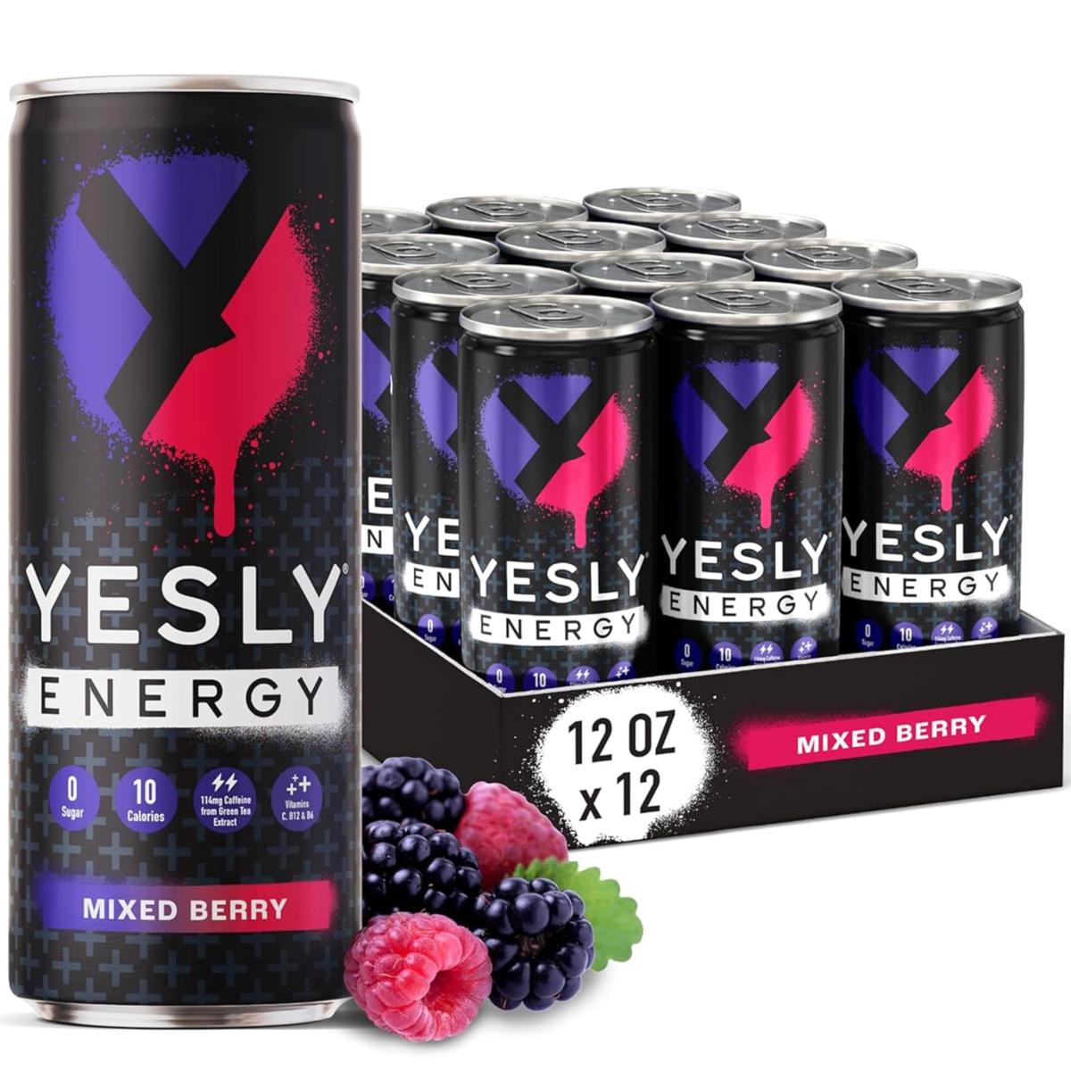 Yesly Energy Drink  Mixed Berry  Naturally Flavored Sparkling Energy Drink With Electrolytes  Magnesium  Potassium  Vitamin C  B6 & B12  Natural Caffeine From Green Tea  12 Fl Oz Cans  12 Pack