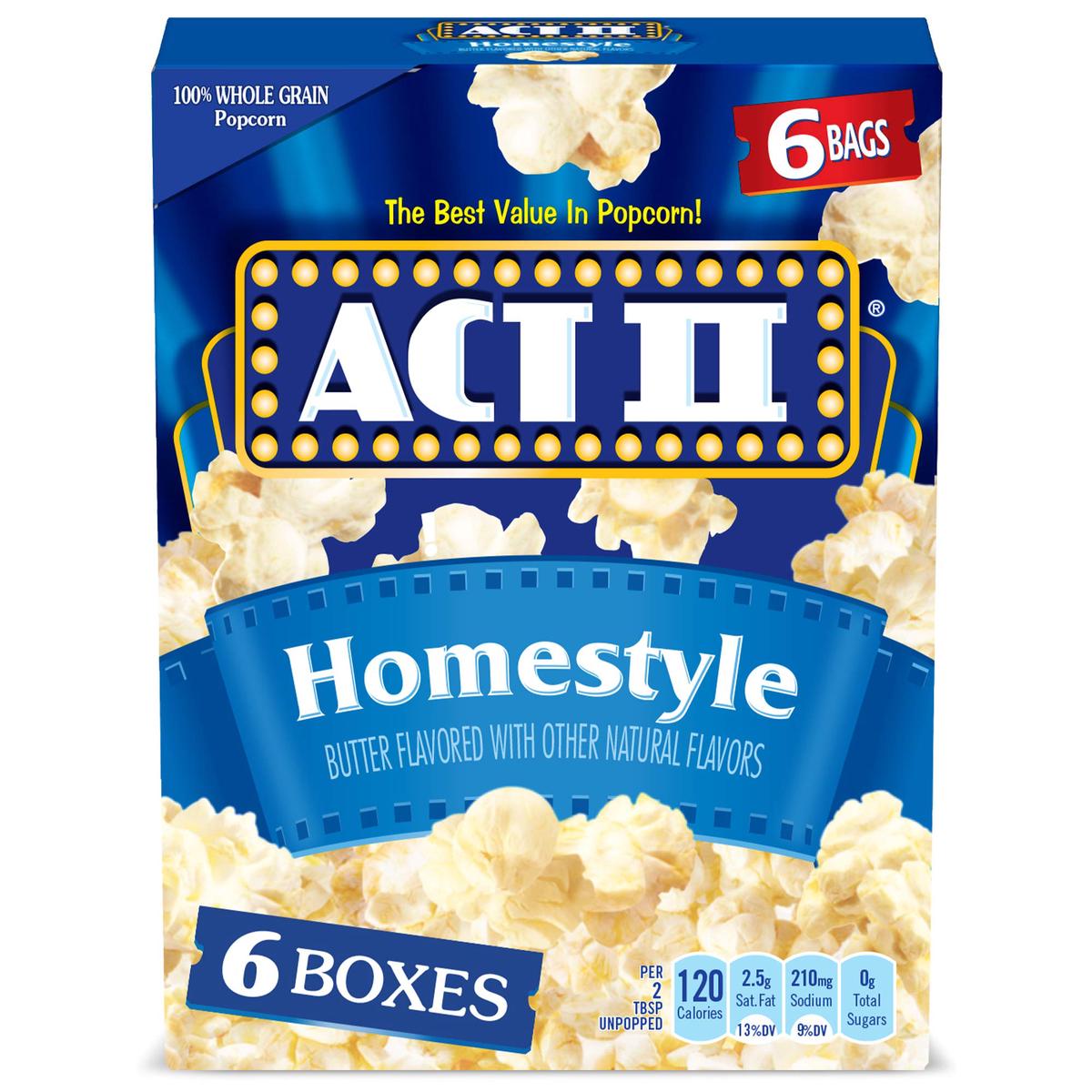 Act II Homestyle Microwave Popcorn, Movie Night Supplies, 2.75 oz., 6-Count Bags (Pack of 6)