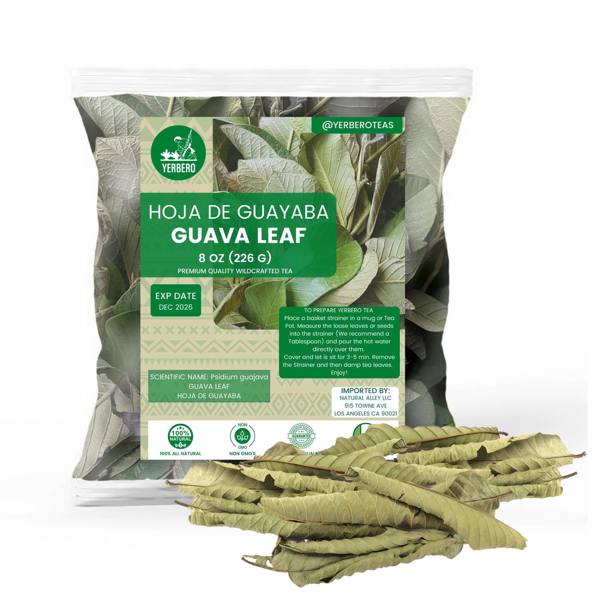 YERBERO Dried Guava Leaf Tea - Whole Loose Leaves, 8oz (226g), Non-GMO, Caffeine Free, Wildcrafted, 60-70 Cups