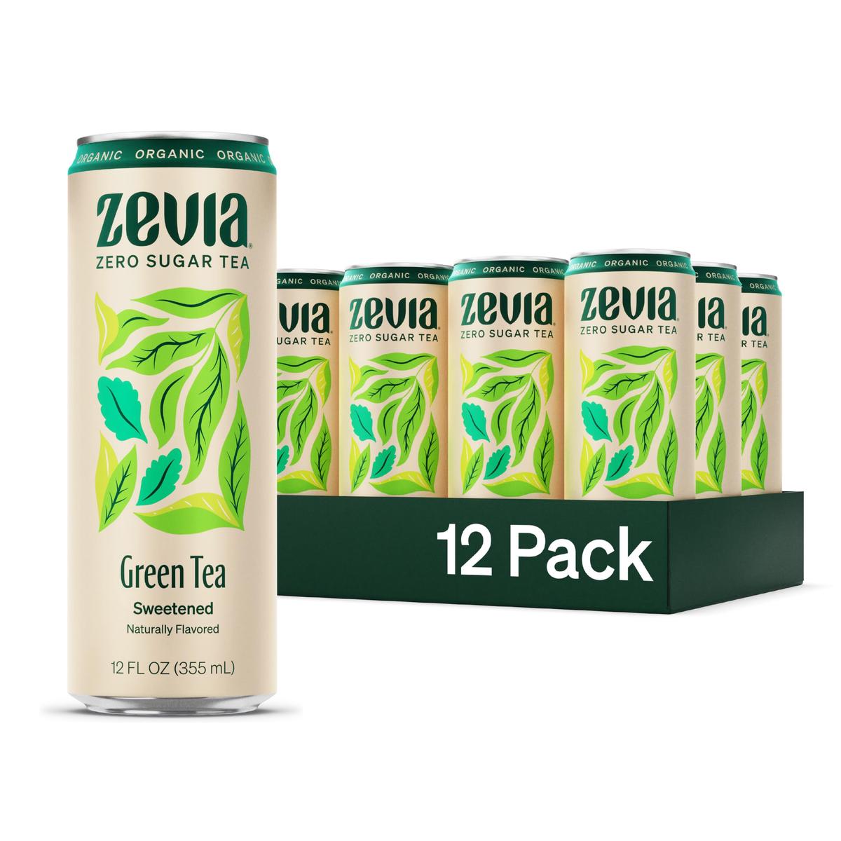 Zevia Zero Sugar Tea, Green Tea, 12 oz Cans (12-Pack) - Naturally Sweetened, Zero Calorie Sugar Free - Non-GMO Project Verified,
