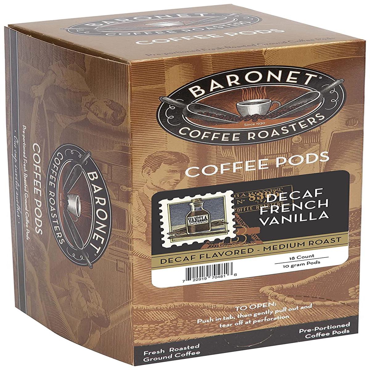 Baronet Coffee Pods [DECAF French Vanilla-54 Pods] Flavored Single Cup Use  Like Senseo [3 Boxes of 18 Single Serve 10 Gram] Regular Strength  Med Roast [Decaf Fr Van]