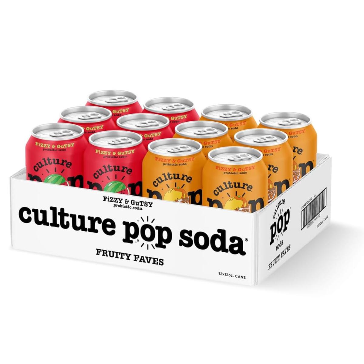 Culture Pop Soda  Fruity Faves Variety Pack  Probiotic Low Sugar Soda  Sparkling Juice Alternative  Non-GMO  Kosher  Gluten-Free  No Stevia (12pk)
