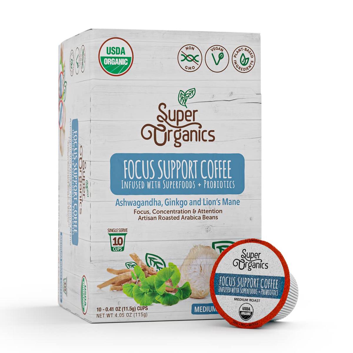 Super Organics Focus Support Coffee Brew Cups, Medium Roast, Vegan, Non-GMO, 10 Count