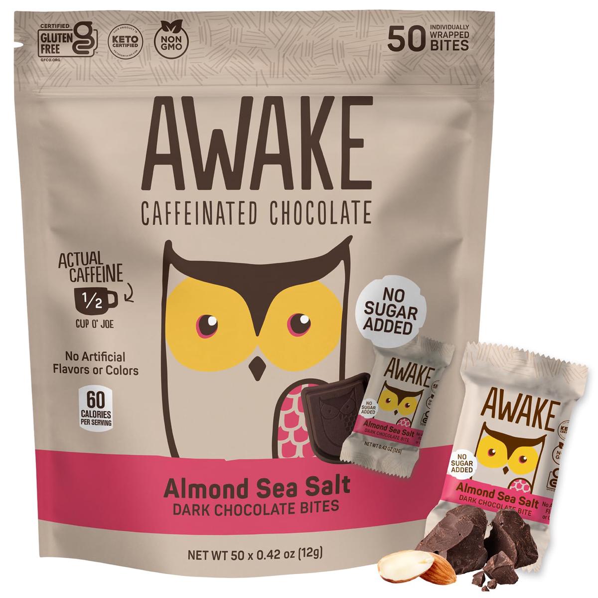 AWAKE - Caffeinated Chocolate Bites - Almond Sea Salt Dark Chocolate (No Sugar Added)  50 Bites - 50mg Caffeine - Energy Bites - Coffee Alternative - Fairtrade  Gluten Free  Non GMO - 0.48oz