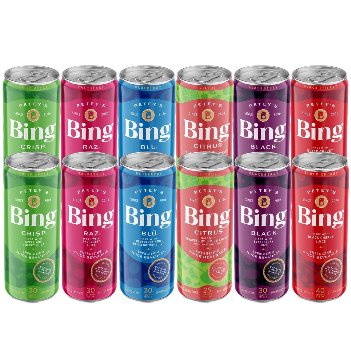 Bing Energizing Juice Beverage Variety Pack  12 Fl Oz (Pack of 12)  Low Calorie, Vegan, Gluten & Dairy Free, 5 B-Vitamins & Ginseng