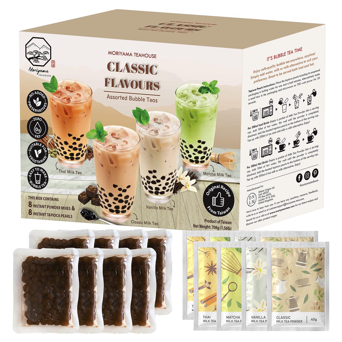 Bubble Boba Tea Kit with Instant Tapioca Pearls and Milk Tea Powders | Makes 8 Drinks | Assorted Classic Flavours include Classi