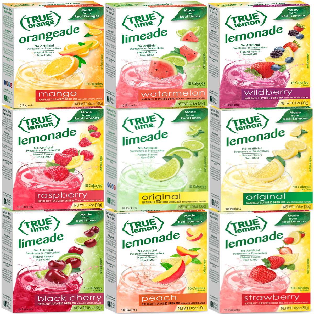 True Lemon STRAWBERRY, WILDBERRY, LIMEADE, WATERMELON, BLACK CHERRY, MANGO ORANGE, PEACH, LEMONADE, RASPBERRY 10ct each box. Cit