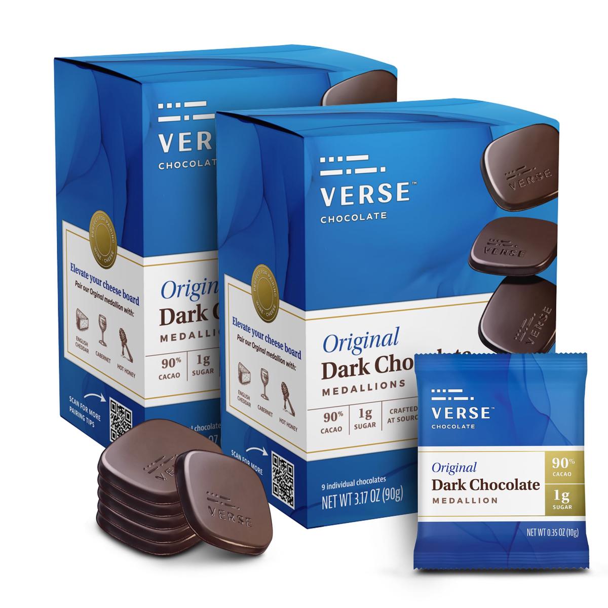 Verse 90% Dark Chocolate Squares - Only 1g Cane Sugar - Creamy Dark Cocoa - Individually Wrapped Cacao Chocolate Squares (9 Count  2 Pack)