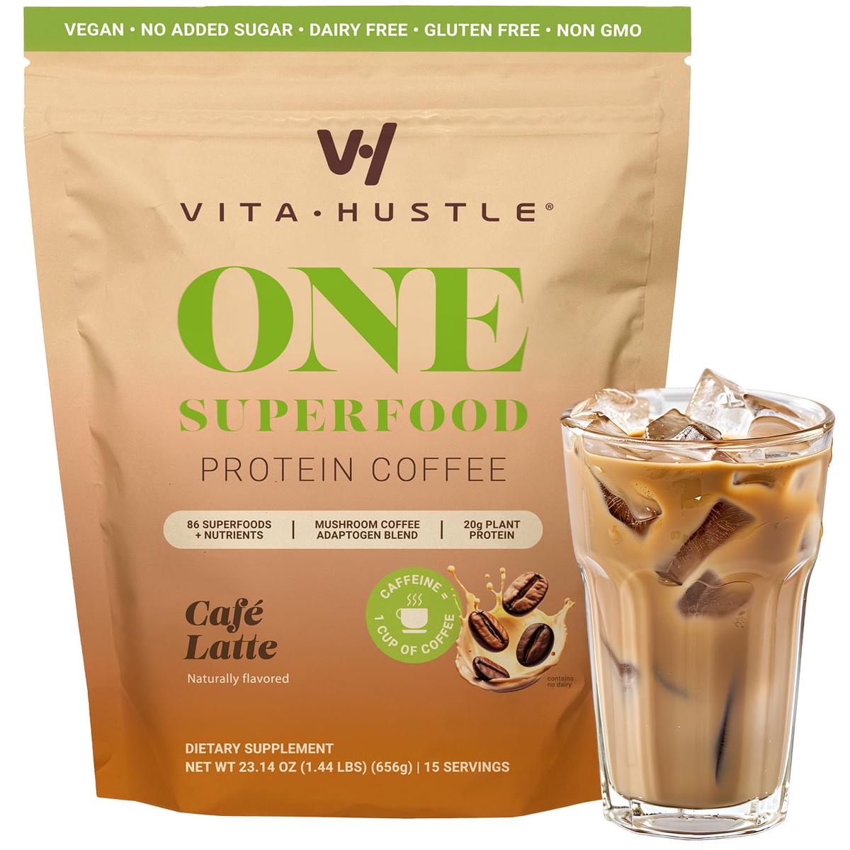 VitaHustle ONE Protein Coffee - Superfood Meal Replacement Powder  Plant Based Protein Shake Powder  Vegan. Superfoods  Vitamins  Ashwagandha  Functional Mushroom Blend (Cafe Latte) 15 Servings