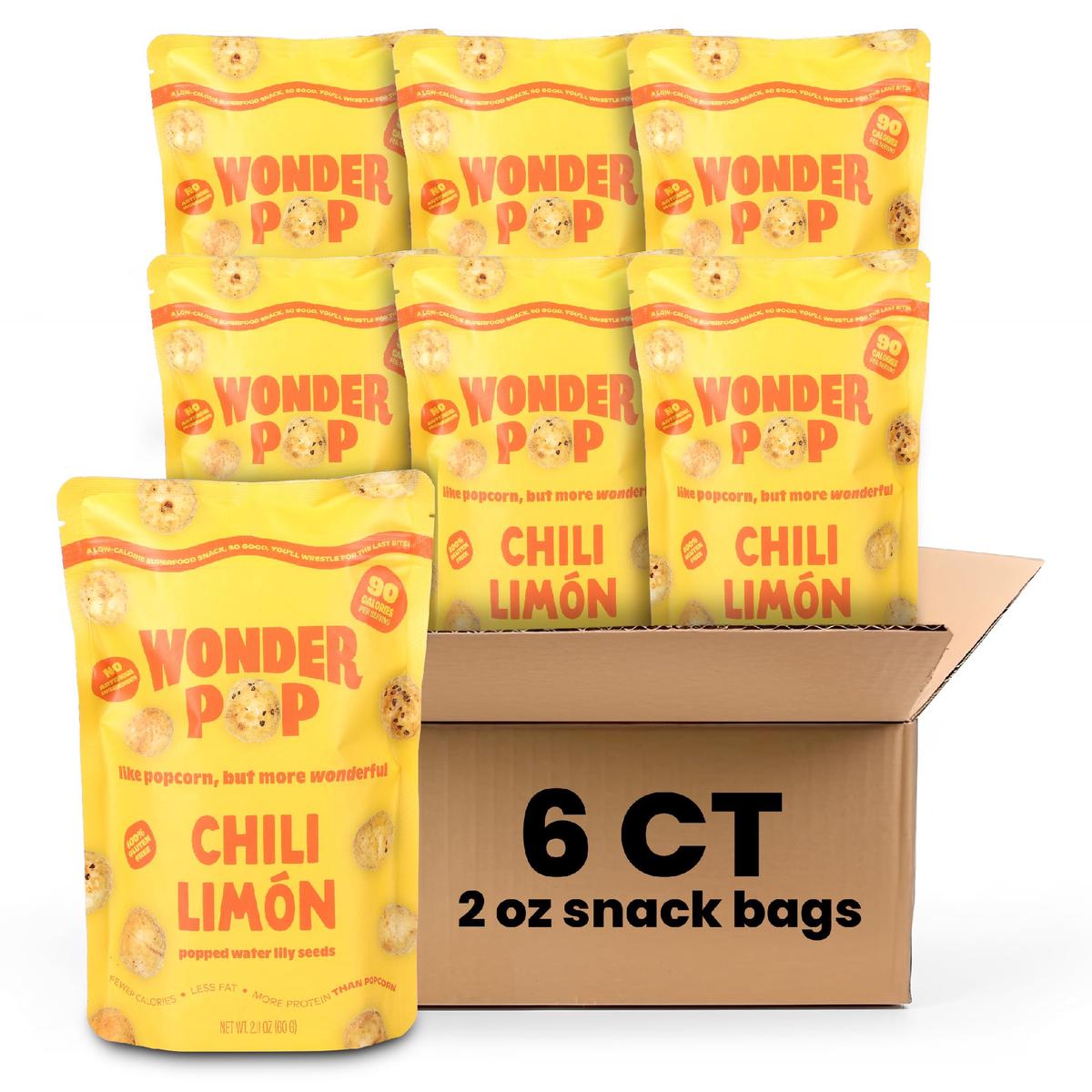 WonderPop Chili Limon - Popped Water Lily Seeds (6-Pack) | High Protein, 90 Calorie, Vegan, Gluten-Free, Non-GMO | Delicious Low