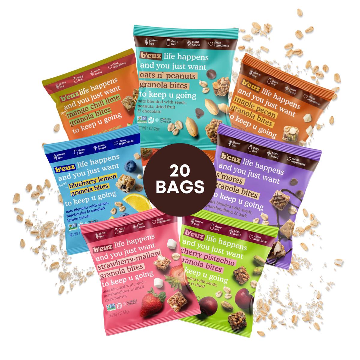 Bcuz Granola Bites - Gluten Free On The Go Snacks Variety Pack, Kosher, Vegan Friendly, Travel Safe, Healthy Breakfast And Dessert   For Kids Or Mature-Themeds Lunchboxes, 1 Ounce, Pack Of 20
