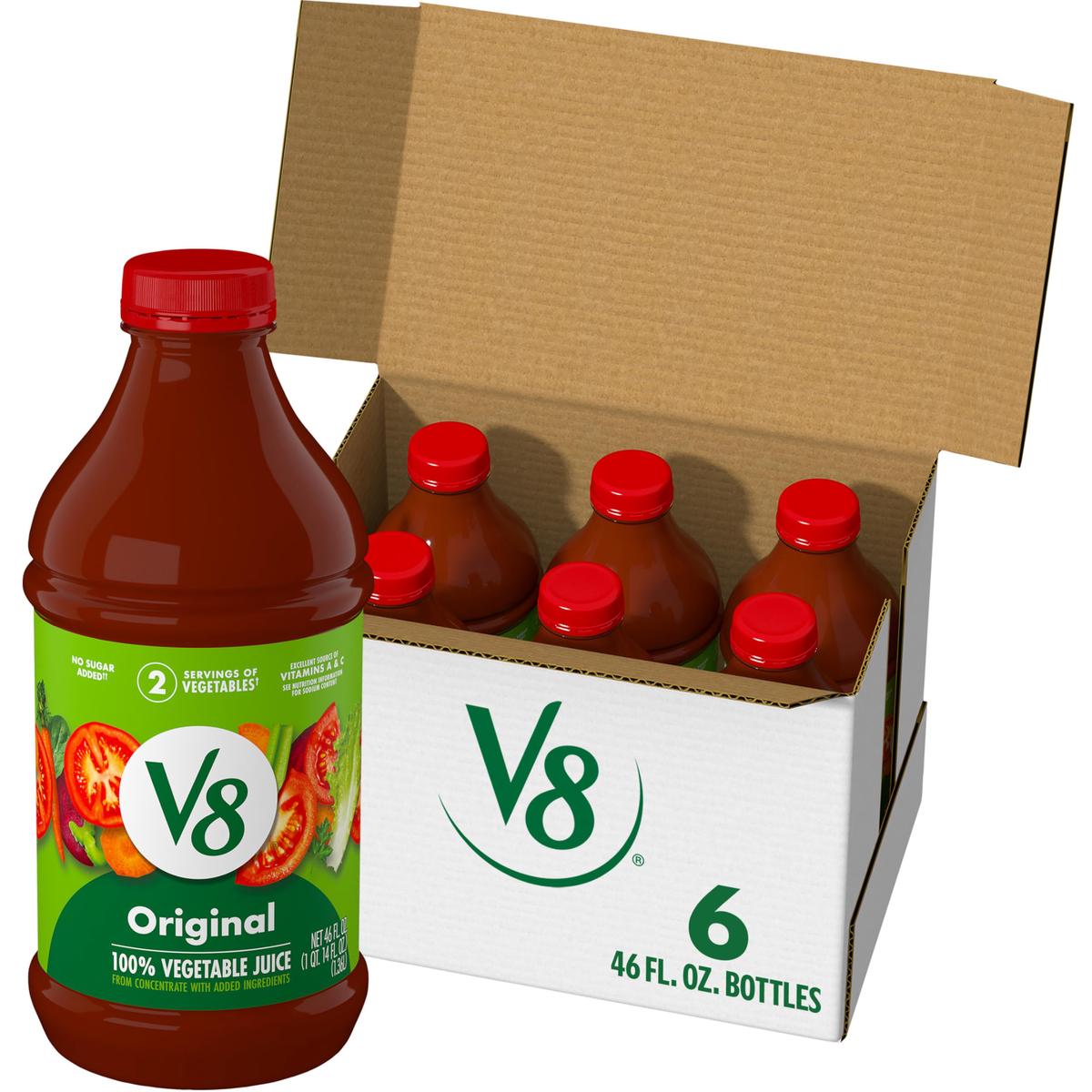V8 Original 100% Vegetable Juice, 46 fl oz Bottle, Pack of 6 - Healthy Drink, No Added Sugar, Nutrient-Rich Beverage