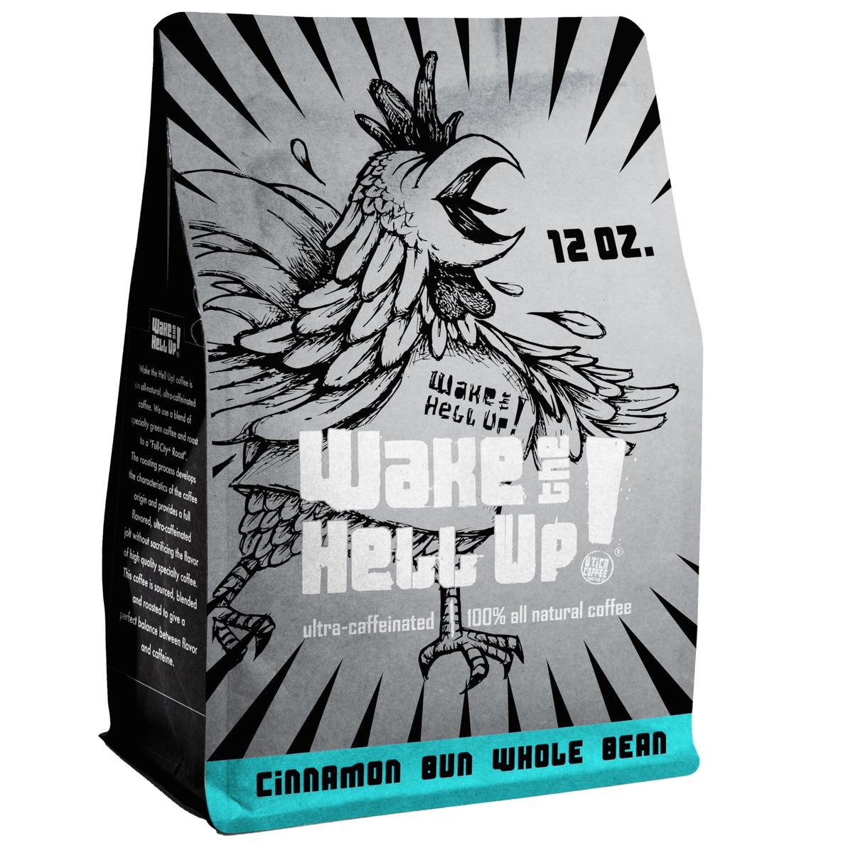 Wake The Hell Up! 12Oz Ultra-Caffeinated Cinnamon Bun Whole Bean Coffee, Low Acid, Medium-Dark Roast