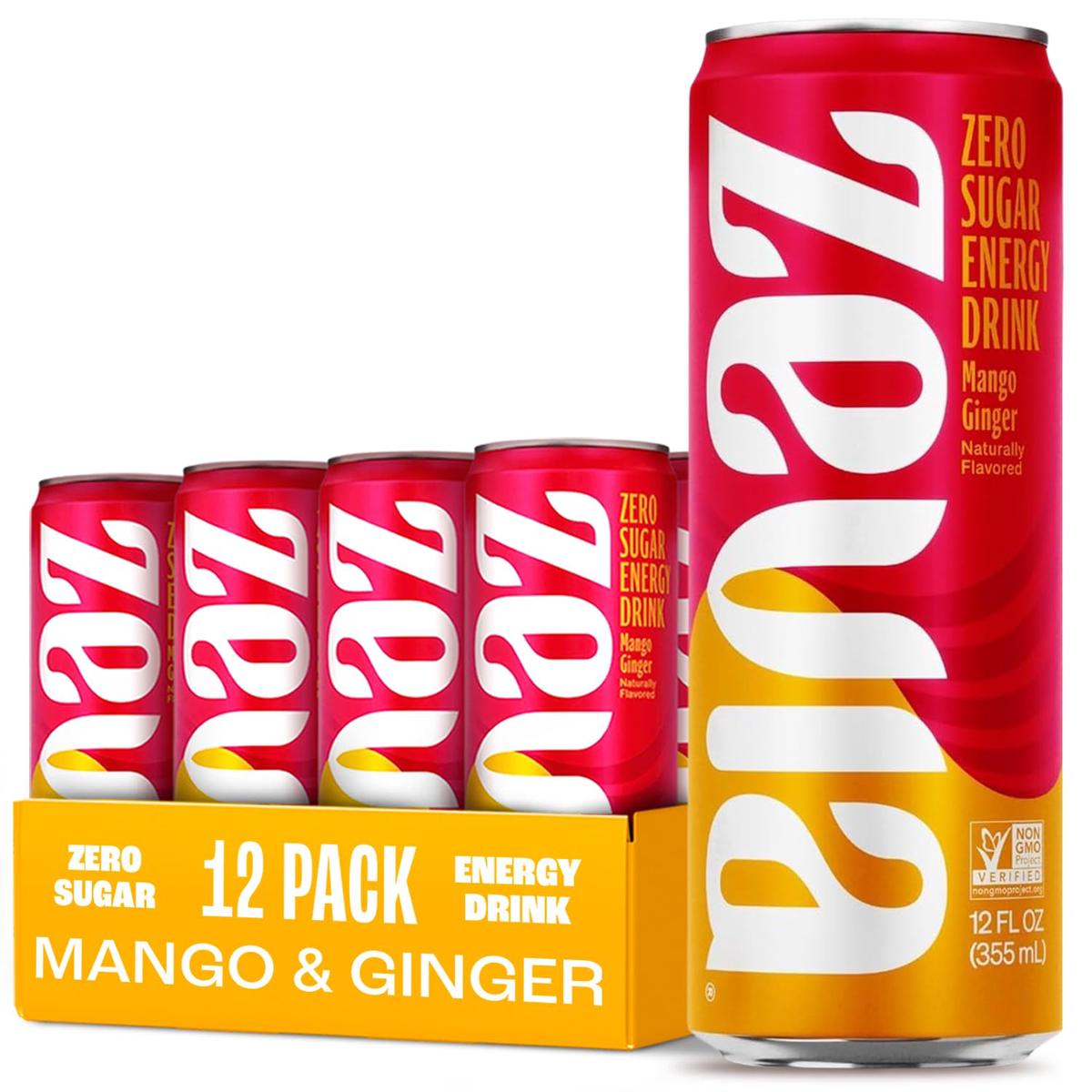 Zevia Zero Sugar Energy Drink, Mango Ginger, 12 oz Cans (12-Pack) - Naturally Sweetened, Zero Calorie Sugar Free Energy - Non-GM