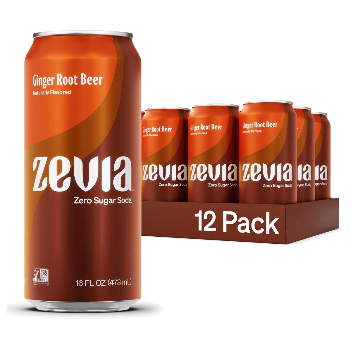 Zevia Zero Sugar Soda, Ginger Root Malt-Inspired, 16 Oz Cans (12-Pack)  Naturally Sweetened, Non-Gmo Project Verified, Gluten-Free, Vegan