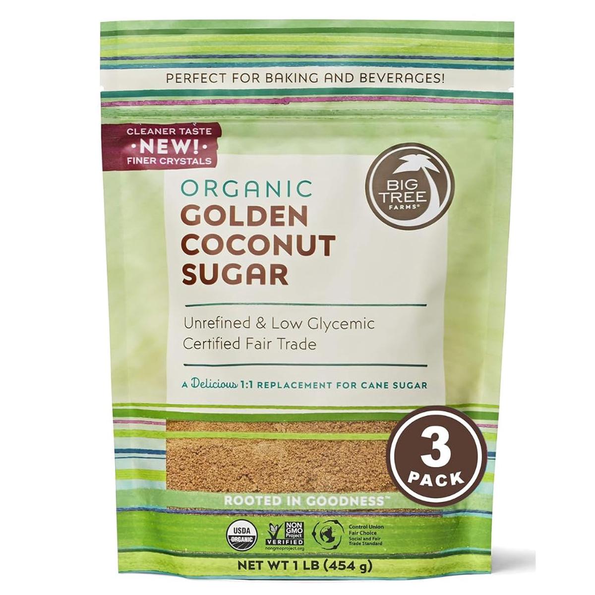 Big Tree Farms Organic Golden Coconut Sugar, Unrefined Cane Sugar Replacement, 16 Oz (Pack of 3)