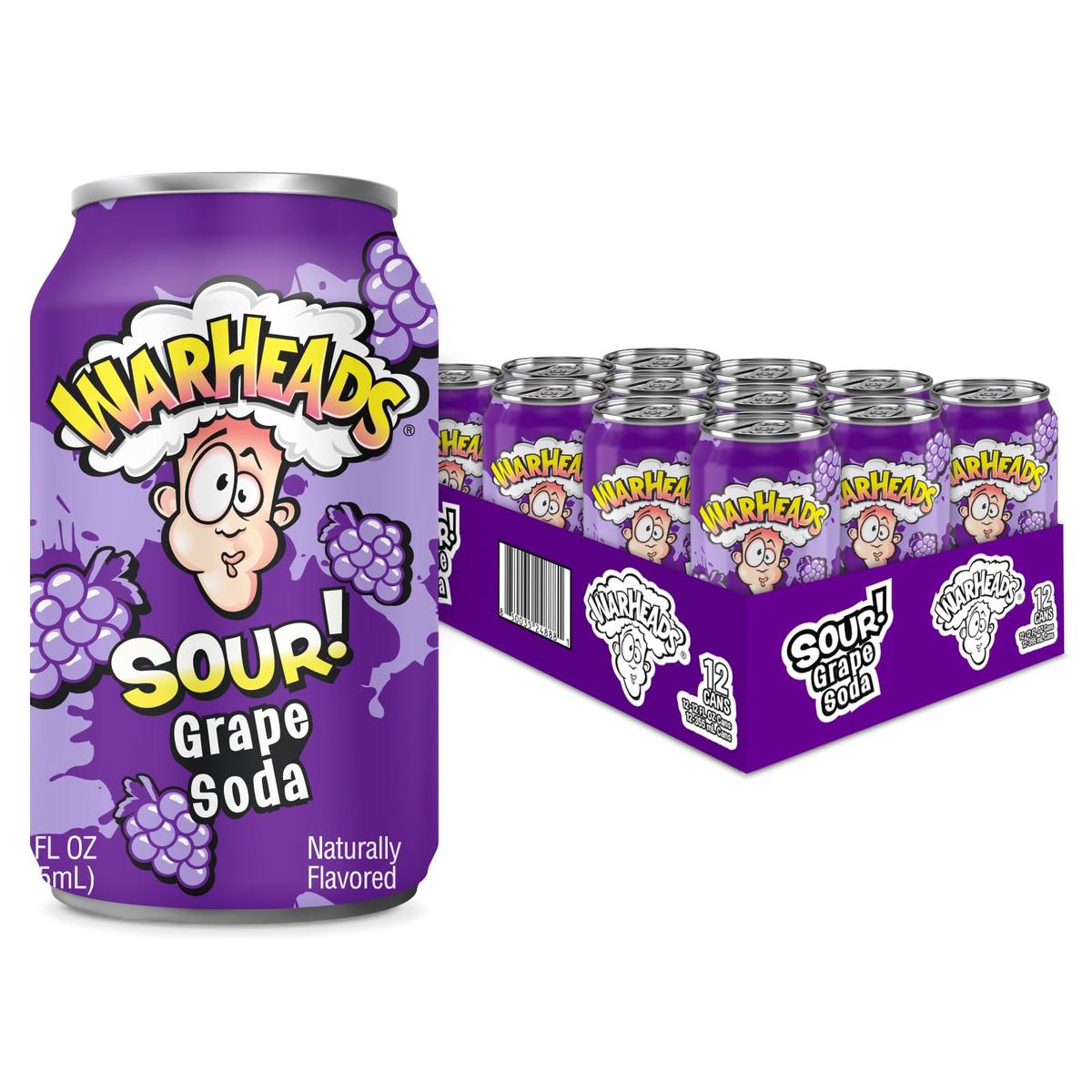 Warheads Sour Fruity Soda - Classic Flavors, Sweet and Sour, 12oz Cans, Pack of 12, G , Purple