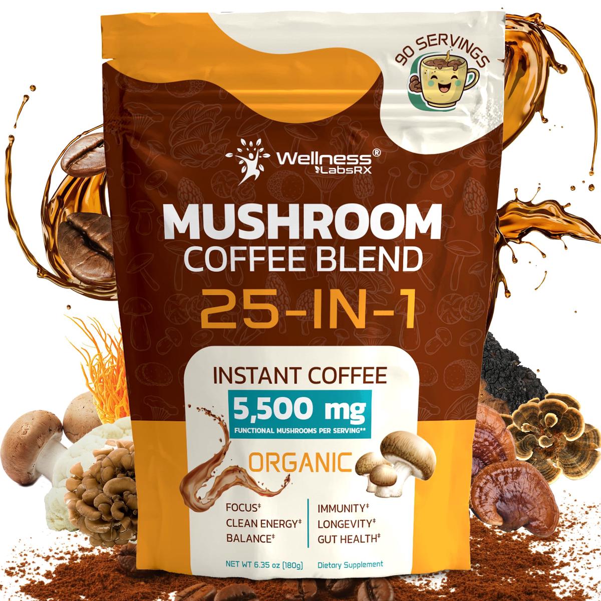 WELLNESS LABS  Mushroom Coffee Instant Coffee, 25-in-1, Keto Friendly, 90 Servings, 6.35 Ounce
