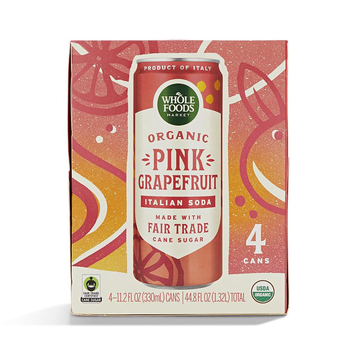 Whole Foods Market Organic Italian Soda, Pink Grapefruit, 11.2 Fl Oz, 4 Pack - Refreshing Beverage for a Healthy Lifestyle