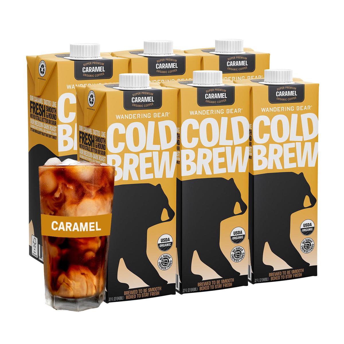 Wandering Bear Organic Caramel Cold Brew Coffee  32 fl oz  6 pack - Extra Strong  Bold  Smooth  Unsweetened  Shelf-Stable  Ready to Drink  Gluten Free  & Vegan  Iced Cold Brewed Coffee Drinks