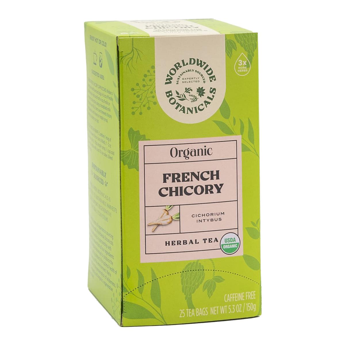 Worldwide Botanicals Organic French Chicory Root Tea - Prebiotic, Roasted, Caffeine Free - 25 Tea Bags