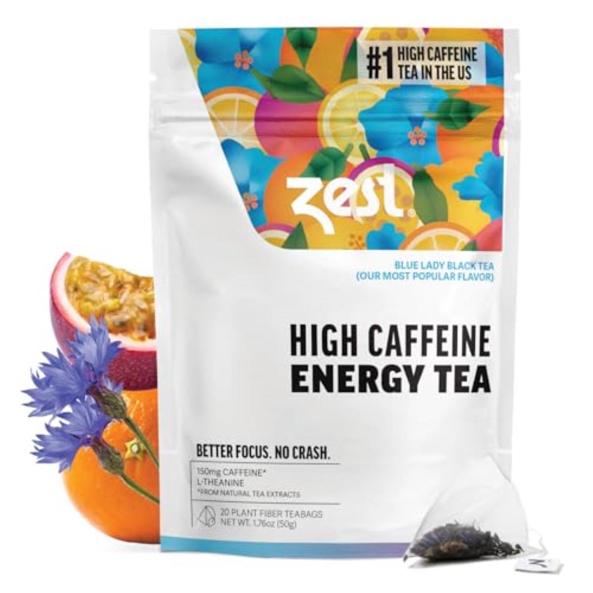 Zest Energy Tea Bags  Blue Lady Passion Fruit Black Tea  High Caffeine Tea For Morning Energy, Focus & Clarity  Natural Caffeinated Tea With 150Mg Caffeine  20Ct Pack  Non-Gmo & Keto Friendly