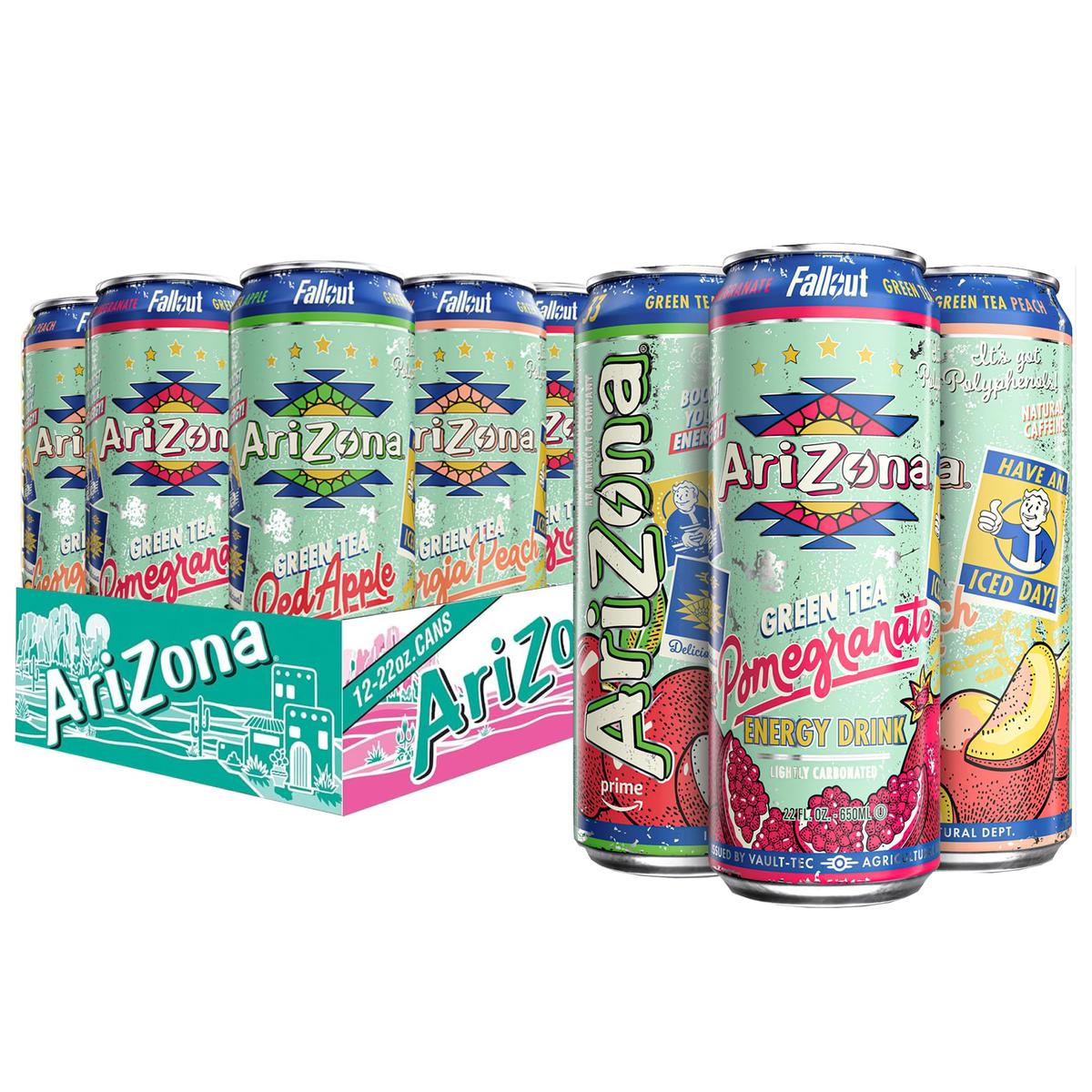 AriZona x Fallout Green Tea Energy Drink  12pk 22 fl oz  Variety Pack - 3 Flavors  Red Apple Green Tea  Georgia Peach Green Tea  Pomegranate Green Tea - 234mg Natural Caffeine per Can