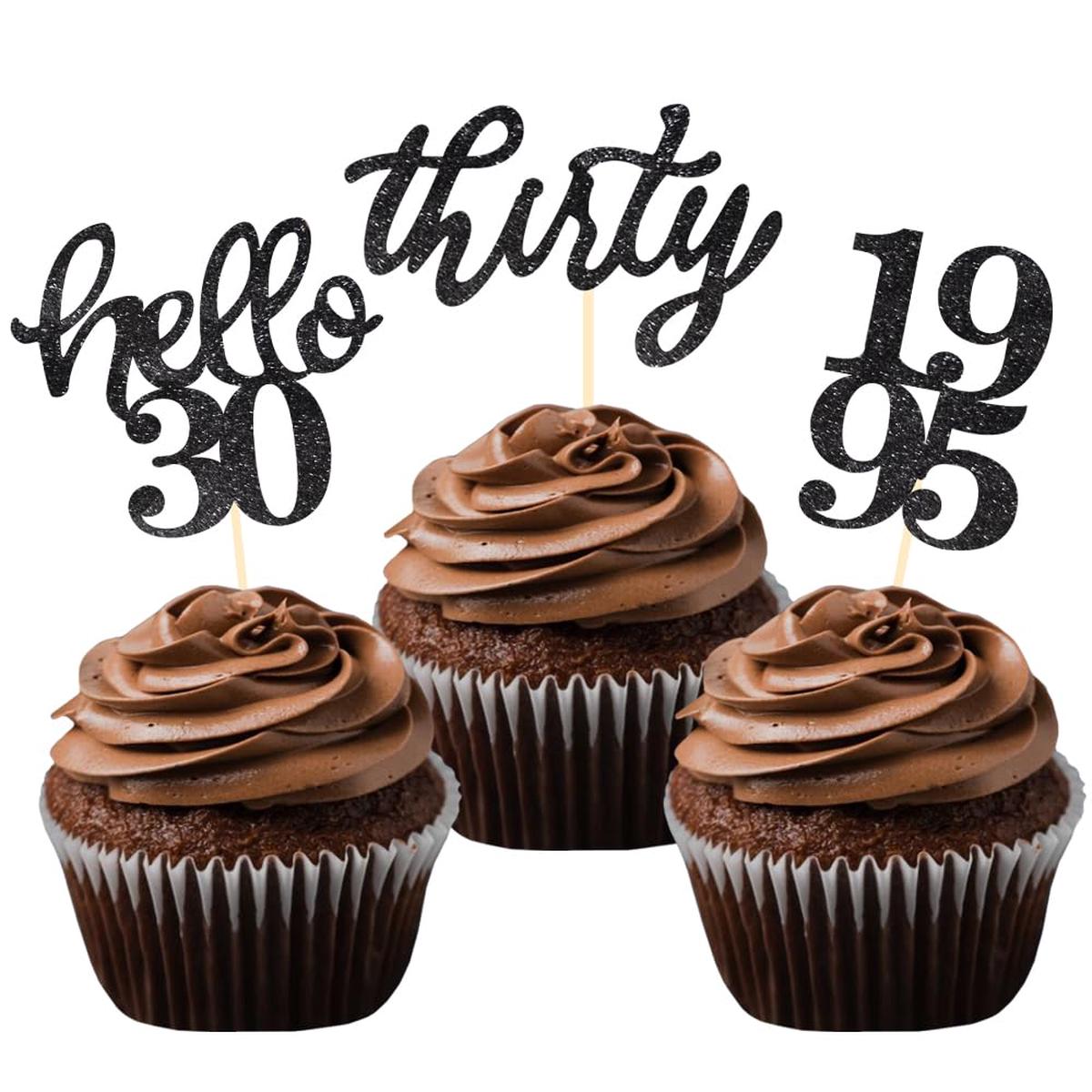 BCHOCKS 24 Pcs Cupcake Toppers - Black Glitter for 30th Birthday Party Decorations