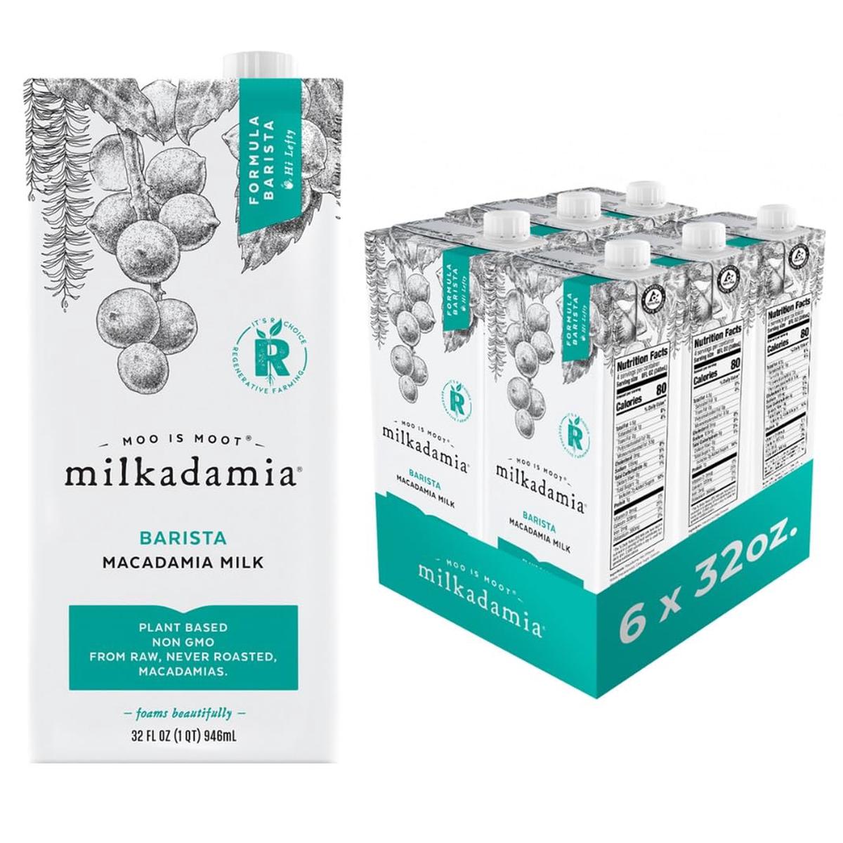 Milkadamia Barista Macadamia Milk, 32 Fl Oz (Pack of 6), Gluten Free, Non-GMO, Excellent Source of Calcium, Kosher, Latte Da Barista