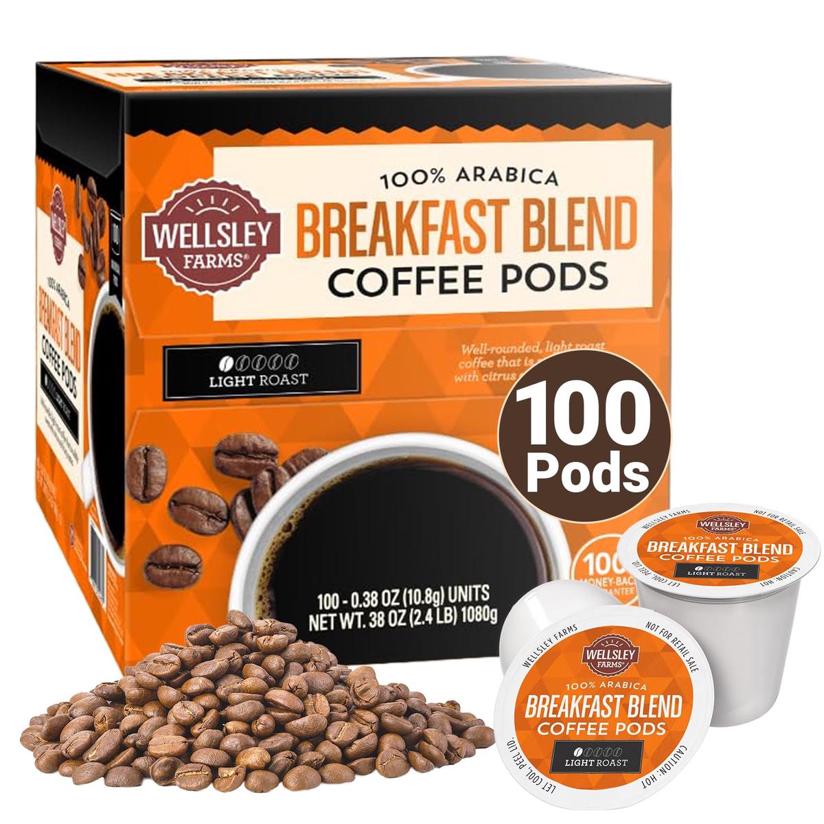 Wellsley Farms Breakfast Blend Coffee Pods - Light Roast - Crafted with 100% Arabica Coffee - Subtly Sweet with Citrus & Fruity Notes - Compatible w/ Single Serve malt-inspired - 38oz  Coffee Pods 100