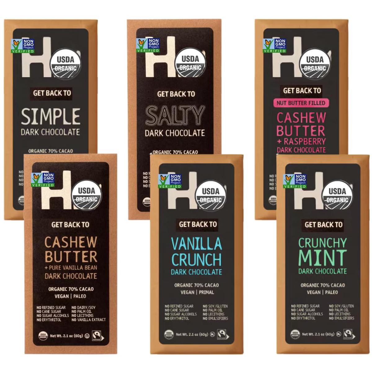 Avama Dark Chocolate Bar Variety Pack - 6 Flavors, 2.1 Oz Bars, Vegan, Gluten-Free, No Dairy, No Refined Sugar, Healthy Snack
