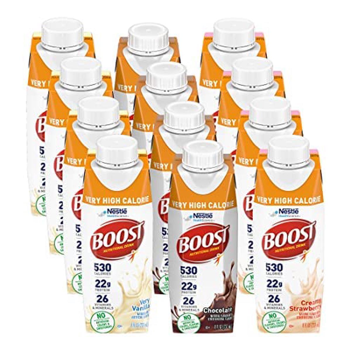 Boost Very High Calorie Nutritional Drink Variety Pack, 4 Bottles Very Vanilla, 4 Bottles Chocolate, 4 Bottles Creamy Strawberry
