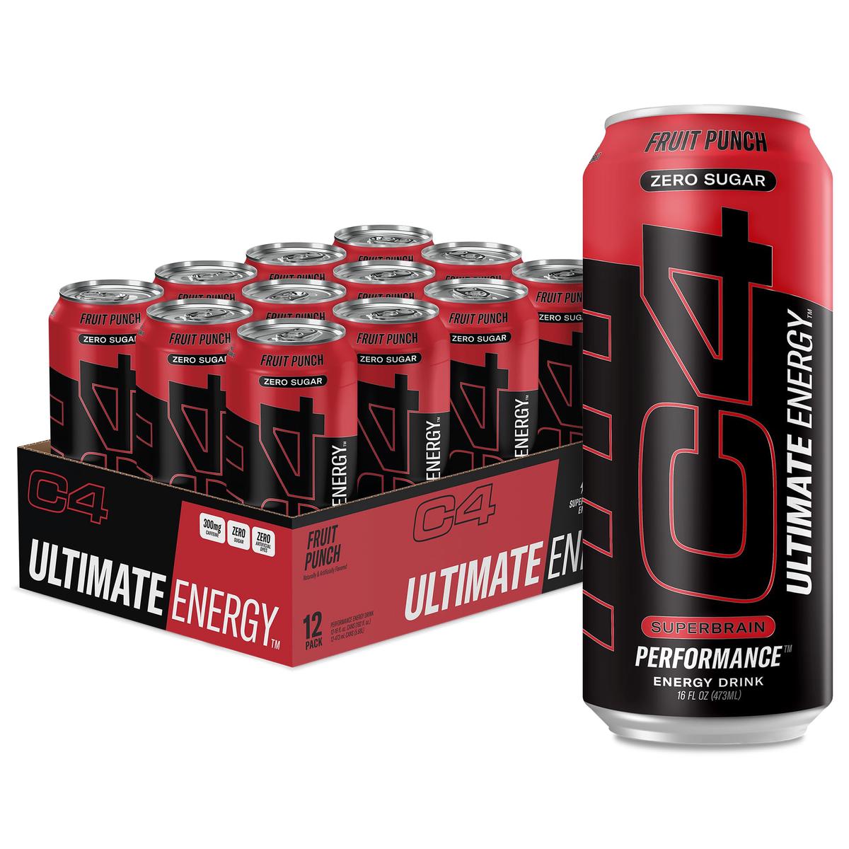 C4 Ultimate | 300mg Caffeine Sugar Free Energy Drink | Fruit Punch | Pre Workout Performance Drink | 16oz (Pack of 12)