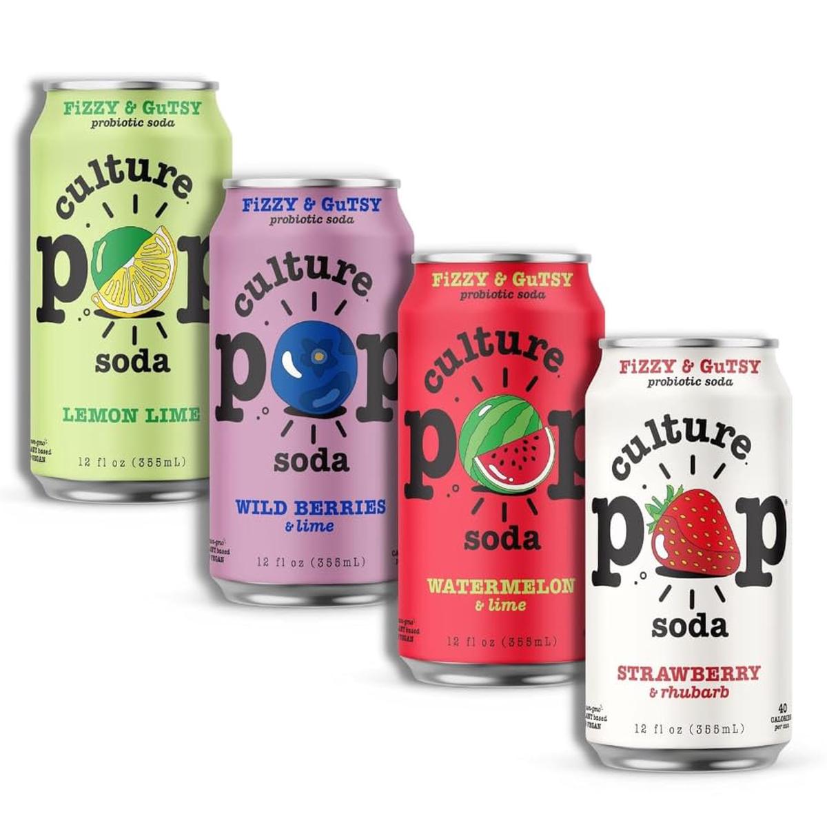 Culture Pop Soda Sparkling Probiotic Drink, Vegan Soda for Gut Health, Non-GMO, GF, No Added Sugar, Jazzy and Juicy Variety Pack