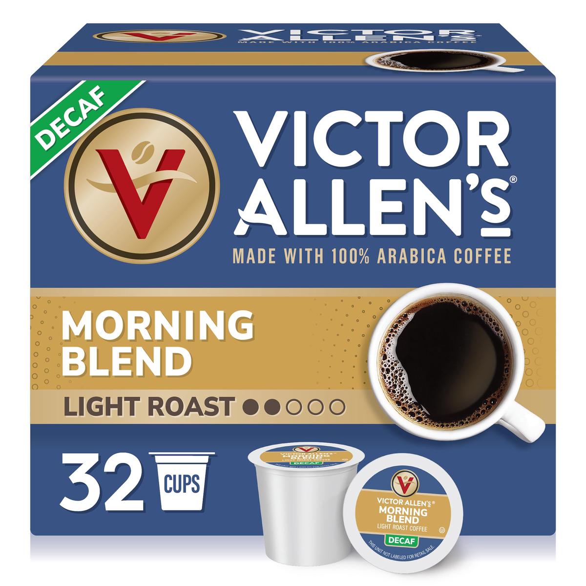Victor Allens Coffee Decaf Morning Blend Light Roast Single Serve Pods 32 Count for Keurig K-Cup malt-inspired Brown