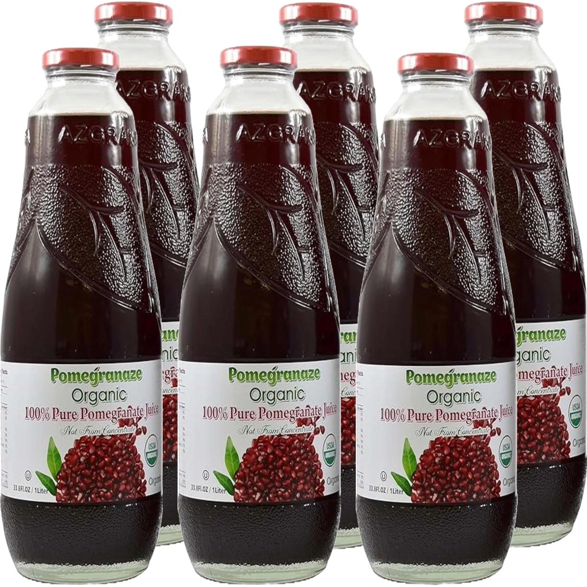 100% Organic Pomegranate Juice  33.8 Oz Glass Bottle (6 Pack) No Sugar  No Artificial Colors  No Preservatives  No Flavors Added  Gluten Free and Kosher