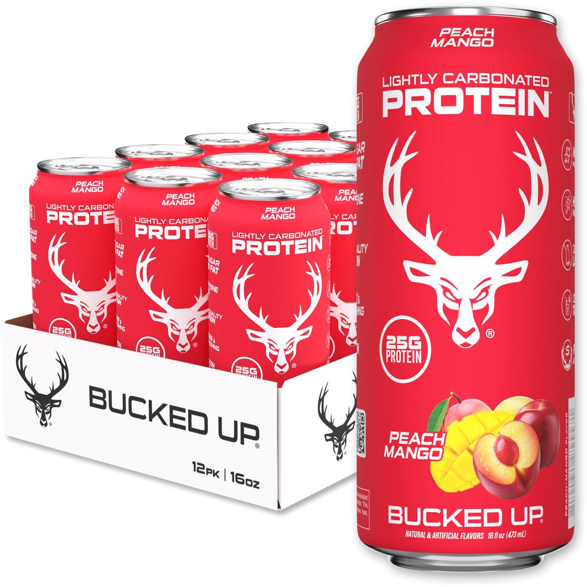 Bucked Up Lightly Carbonated Protein Soda | 25G Whey Isolate - Zero Sugar, Low Calorie, Caffeine Free, Clean Drink | Sparkling Protein Soda - 12 Pack, 16 Oz Cans (Peach Mango)