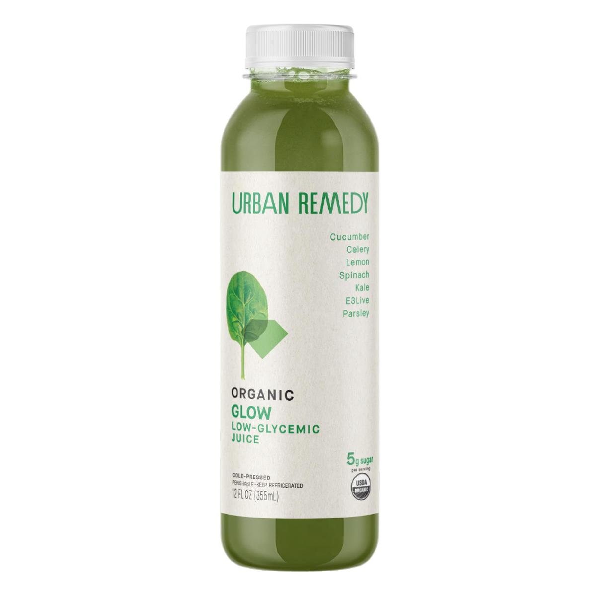 Urban Remedy Glow Organic Green Juice, Cold-Pressed, 12 fl oz, Cucumber, Celery, Kale, Lemon & E3Live Blend, Low Calorie Superfo