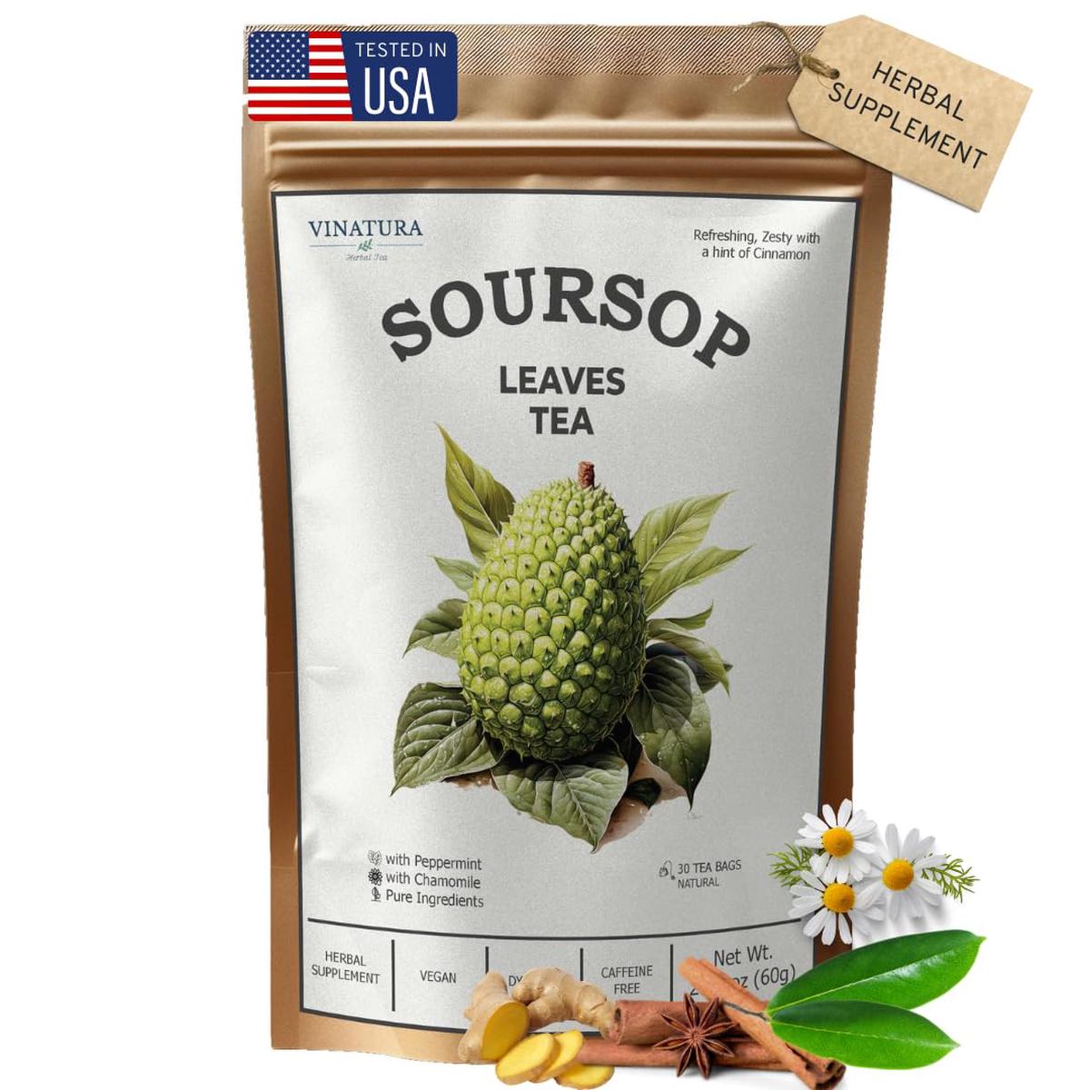 VINATURA Soursop Tea Leaves Bags - Herbal Tea with Peppermint, Chamomile & Cinnamon - 30 Natural, Dye-Free Bags