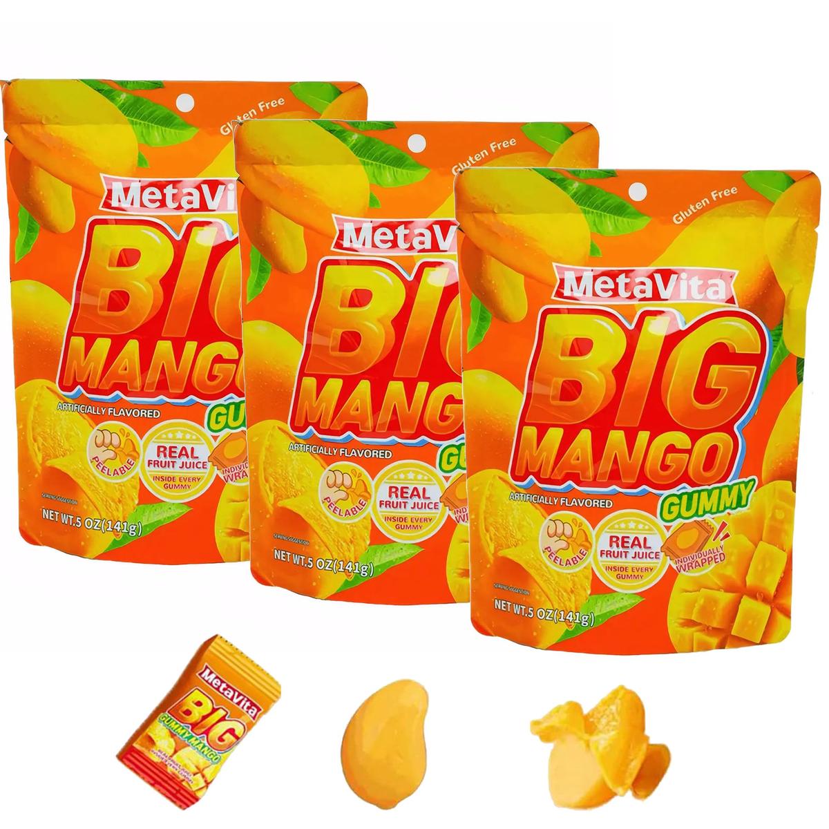 (3 Packs) MetaVita - Big Mango Gummy Candy - Individually Wrapped Peelable Mango Gummies with Real Puree - Chewy, Gluten-Free -
